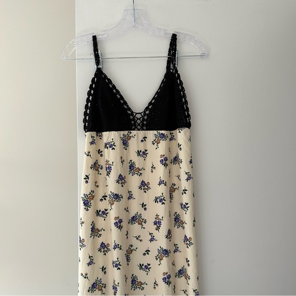 Zara Floral Satin Printed Crochet Cream Maxi Tank Dress Prairiecore - Picture 4 of 11